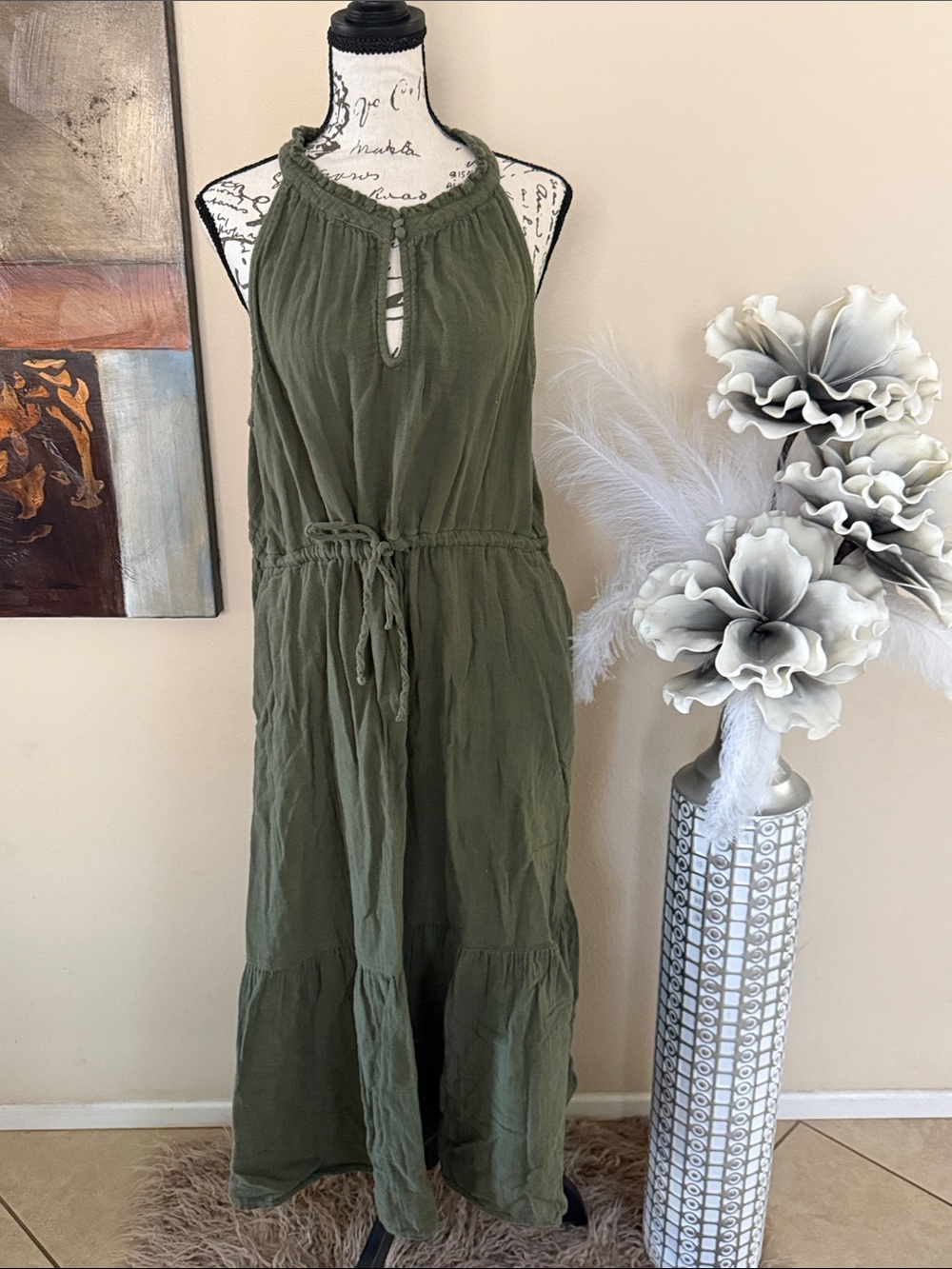 Time and Tru Olive Halter Drawstring Maxi Dress